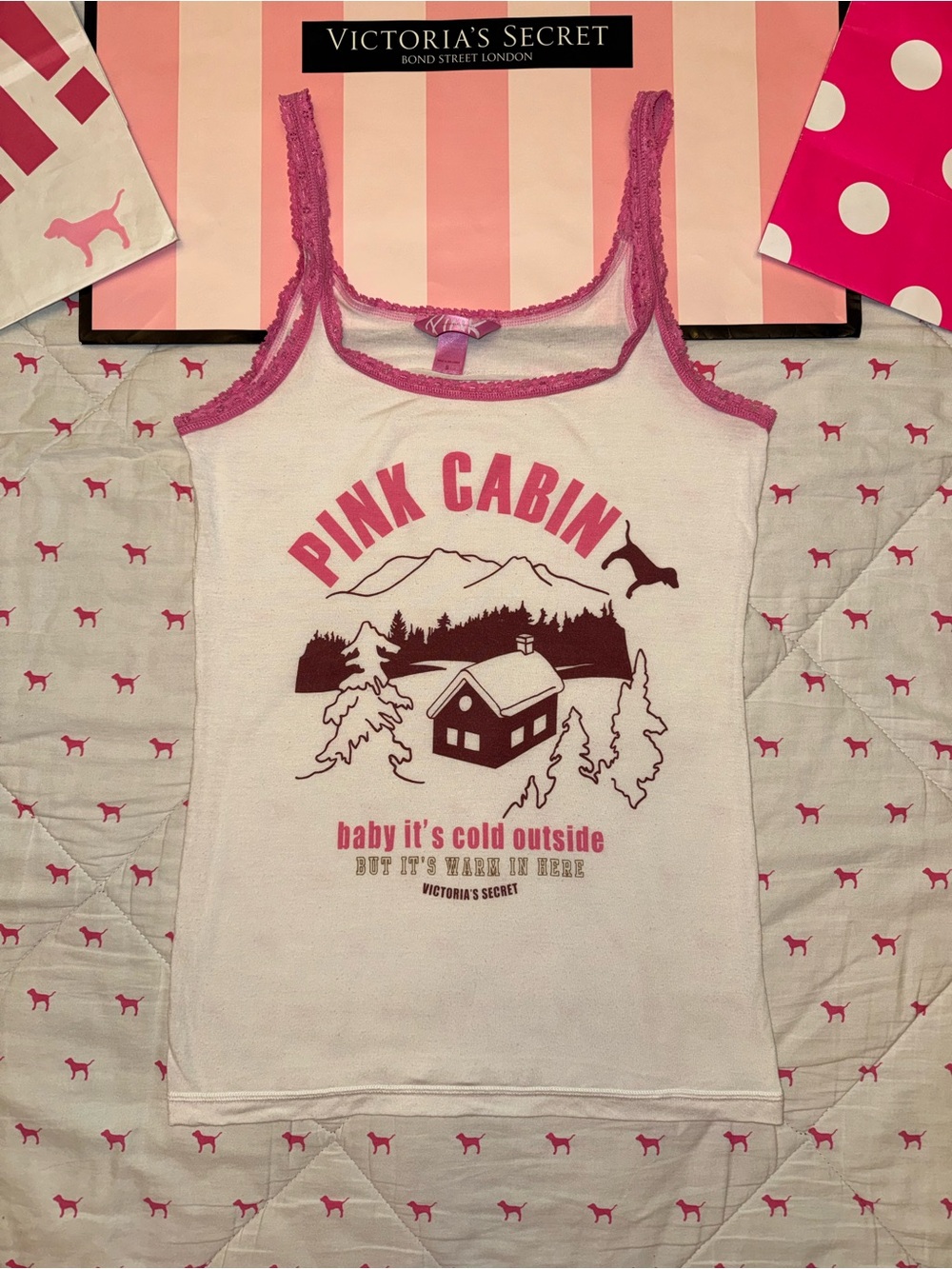 VS PINK VINTAGE Y2K LACE TRIM CAMI TANK TOP “BABY IT’S COLD OUTSIDE” CABIN RARE